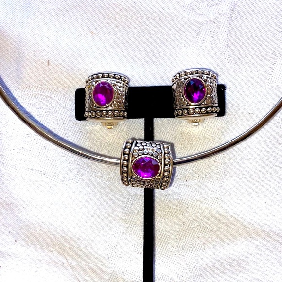 Y2K Pink Slide Pendant and Earrings Set Clip Earrings Antique Silver Tone Metal - Picture 3 of 7